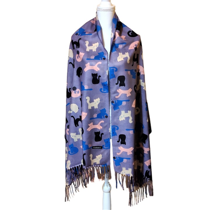 Esarfa tip casmir imprimeu cu pisicute si gheme, multicolora, 180 x 70 cm, Multicolor, 180 x 70 cm