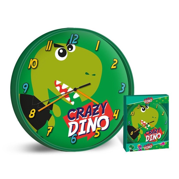 Ceas de perete dinozaur, Euroswan, Plastic, 25 cm, Verde