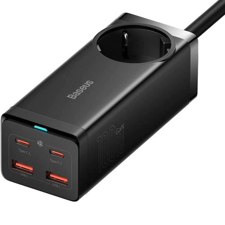 Baseus GaN3 Pro Töltő / elosztó, 2xUSB + 2xUSB-C + AC, 100W, fekete