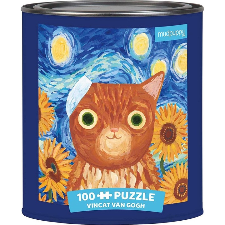 Puzzle intr-o cutie Artsy Cats: Vincat Van Gogh, Mudpuppy, 100 piese, Multicolor