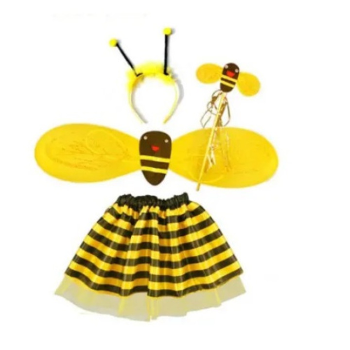Costumatie serbare fete Albina, fusta, aripi, bentita, bagheta, galben 3-5 ani