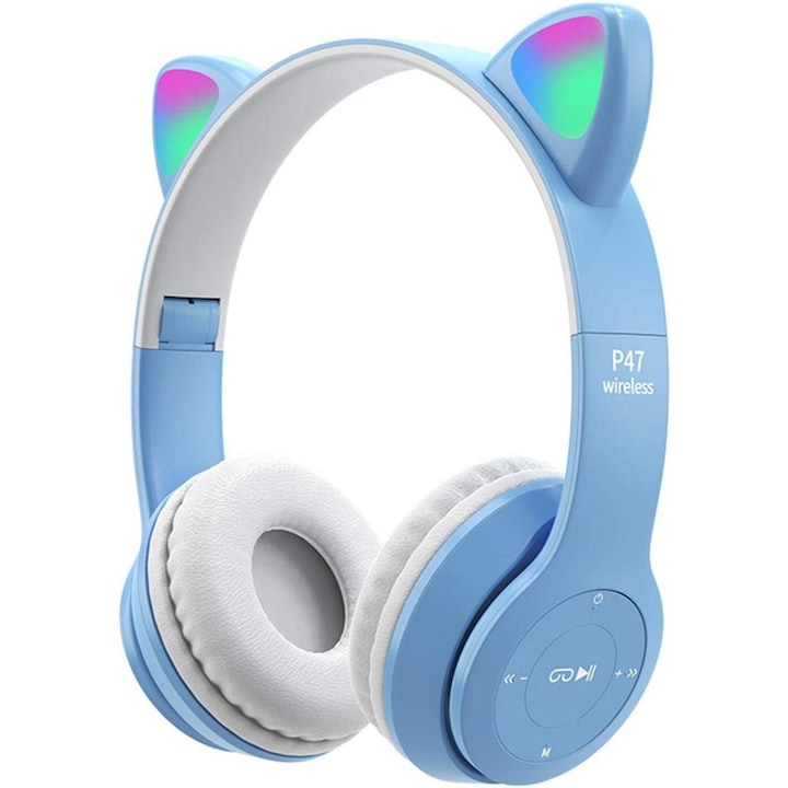 Детски безжични слушалки Fluffy, P47M, Bluetooth 5.0, HiFi, LED, Син