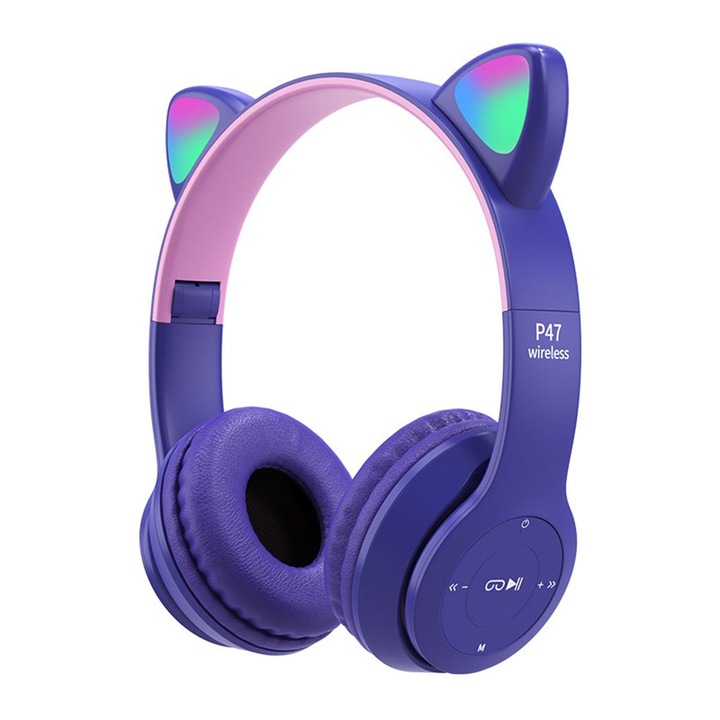 Детски безжични слушалки Fluffy, Сгъваем, P47M,Bluetooth 5.0, HiFi, LED, Лилав
