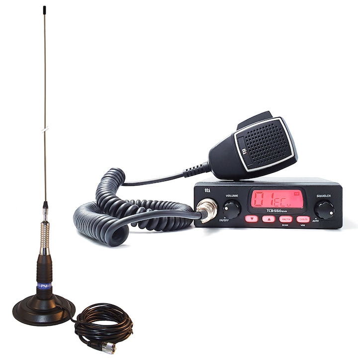 TTi TCB-550 EVO, VOX, NB, 12-24V CB rádióállomás készlet + PNI ML160, 26-30MHz, 155 cm, 600W antenna