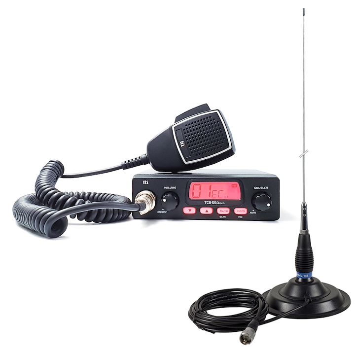 TTi TCB-550 EVO, VOX, NB, 12-24V CB rádióállomás készlet + PNI ML145, 26-30MHz, 145 cm, 400W antenna