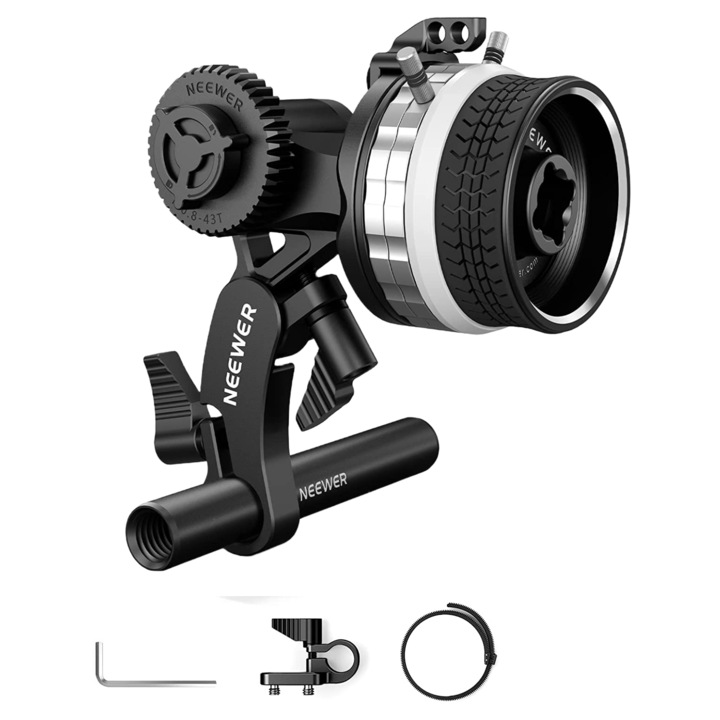 Adaptor follow focus mini pentru obiectiv de pana la 114 mm, cu tija de 15 mm si clema, cu opritoare A/B, pentru cage, camera foto mirrorless, DSLR, Neewer PG001