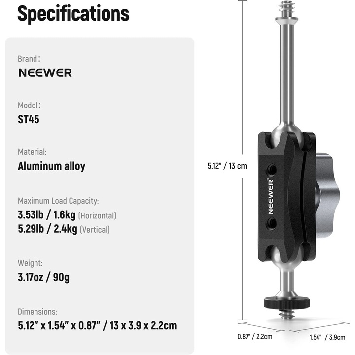 Suport mini magic arm cu cap cu bila dublu, cu surub 1/4", suport monitor de camp cu sarcina verticala maxima 2,4 kg, pentru microfon, lumina LED, display, Neewer ST45
