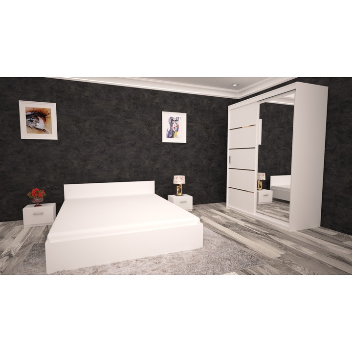 Set Dormitor Tania, cu Pat Matrimonial 160x200 cm, Dulap, 2 Noptiere, Culoare Alb