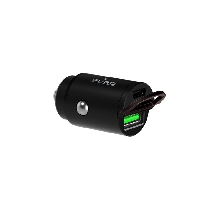 Incarcator auto, Puro, Mini USB-A + USB-C, 30W, Negru