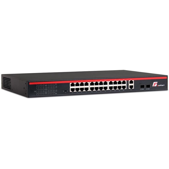 Kapcsoló Getfort, 24xPoE, 2xCombo/SFP, Rack rögzítés, fekete/piros