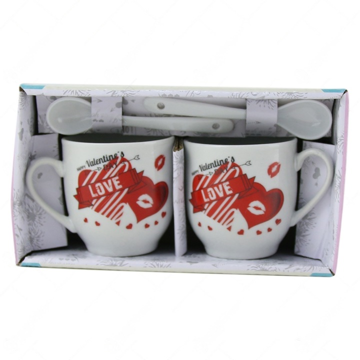 Комплект 2 чаши с 2 лъжички, за еспресо 150 мл, надпис "Честит Свети Валентин"