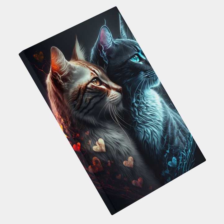 Tablou Canvas, Portret Pisici, Inimioare, Lumina Calda si Rece, Rosu si Albastru, Lumina Ambientala, Foc, Concept Imaginar si Unicat, Fanart, Modern, Contemporan, High End, Arta si Pictura Digitala, 25x40 cm, Multicolor