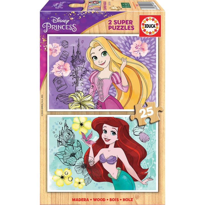 Puzzle din lemn, EDUCA, Printesa Disney, 2x25 piese