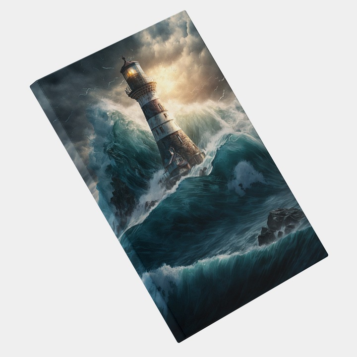 Tablou Canvas, Furtuna Langa Far, Lighthouse, Mare Agitata, Concept Imaginar si Unicat, Fanart, Detaliat, Modern, Contemporan, High End, Arta si Pictura Digitala, 25x40 cm, Multicolor