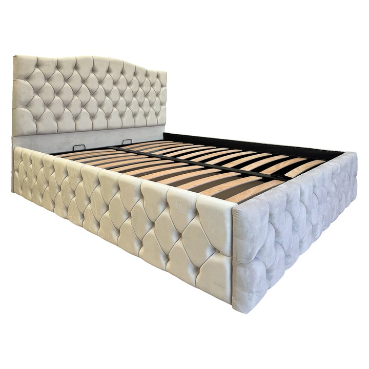 Pat tapitat Gregor Luxury, cu spatiu de depozitare si somiera rabatabila, crem, F03, 120x200 cm