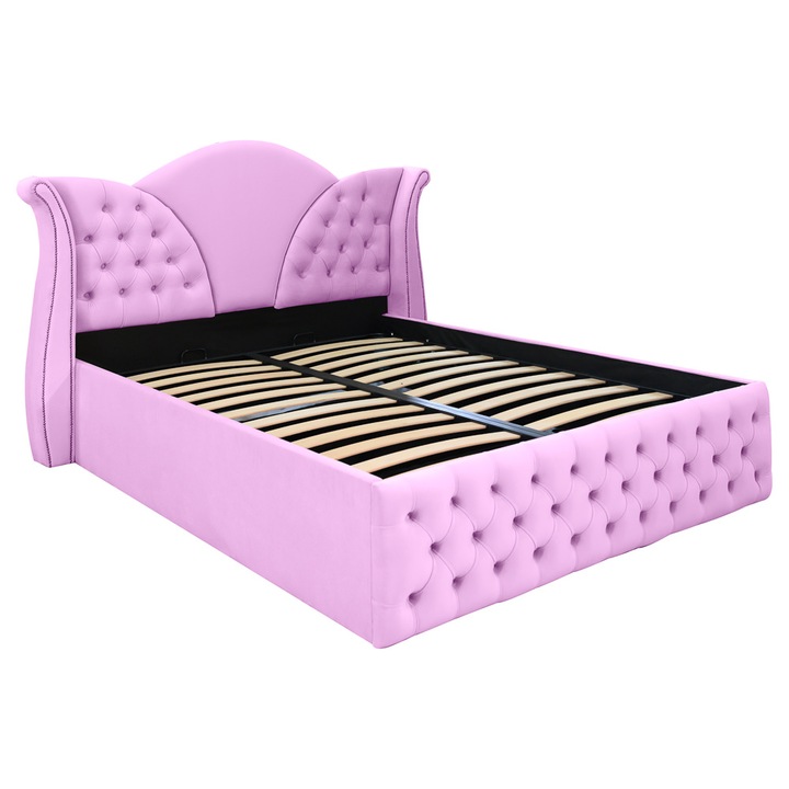 Pat dublu tapitat model Florida 180/200 cm culoare lila cu somiera metalica rabatabila si spatiu de depozitare