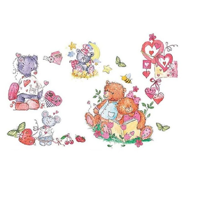 Sticker decorativ pentru copii Luxer, Autocolant cu Ursuleti de Plus si Inimioare, 70x50 cm