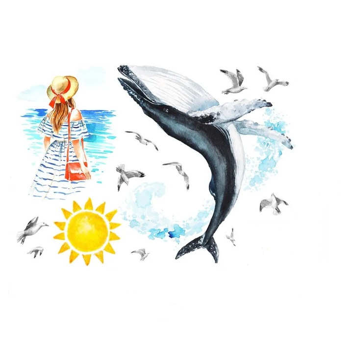 Sticker decorativ cu Mare, Soare, Balena si Pescarusi Luxer, Autocolant Sea Lover, 89x85 cm