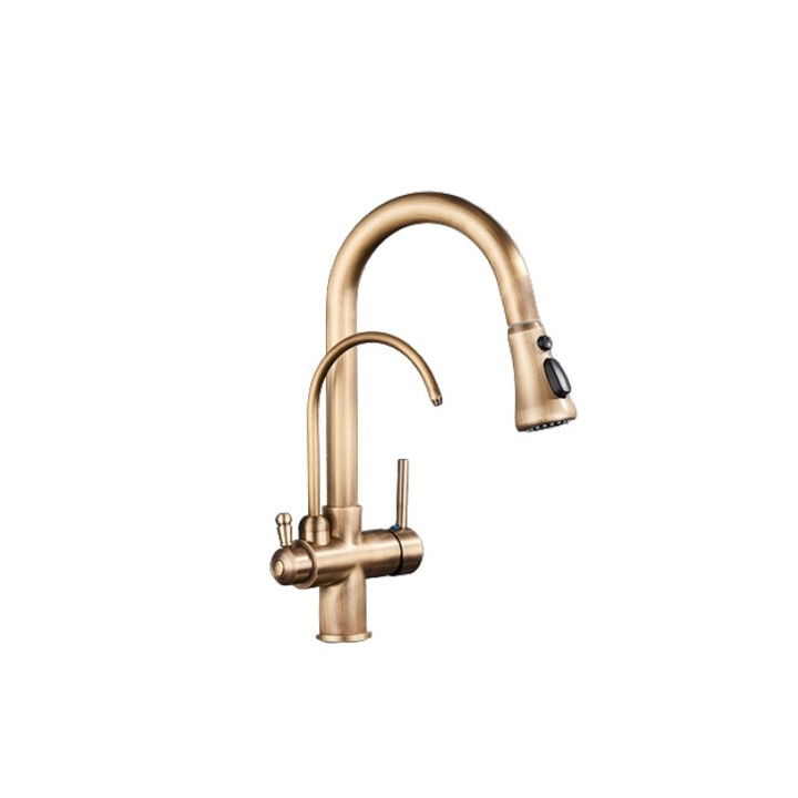 Blackswan Konyhai mosogató csaptelep, Blackswan M239 típus, tisztított víz kimenettel és 3 üzemmóddal, antik bronz modell, 40 cm