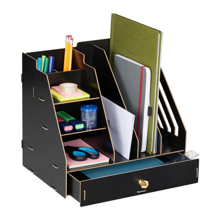 Organizator de birou, cu 3 compartimente, 3 rafturi verticale, 2 suporturi pentru creioane, 1 sertar, MDF, negru, 30 x 33 x 24 cm