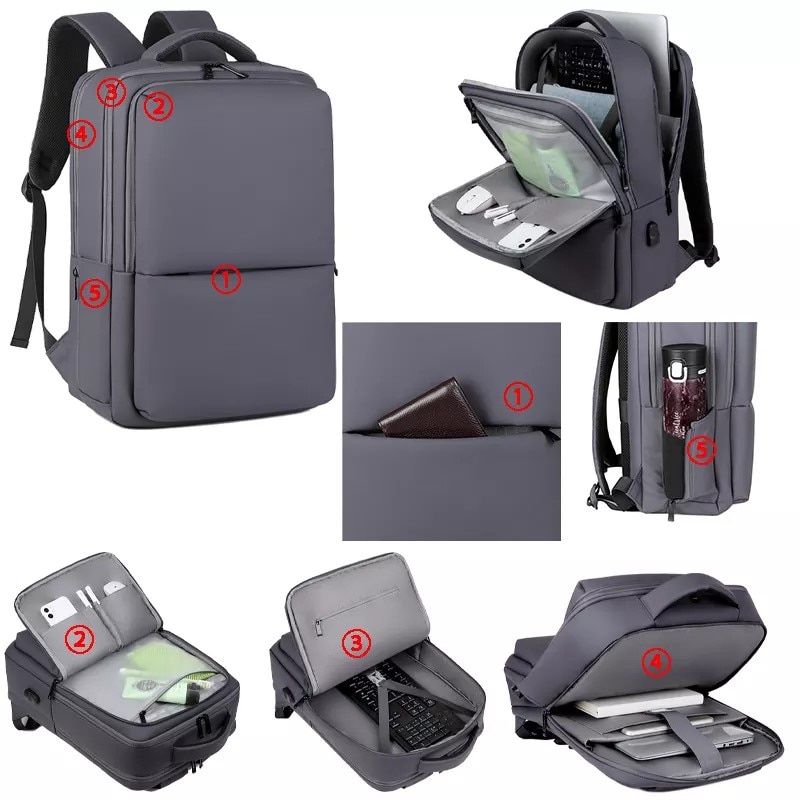 Rucsac laptop 15.6" pentru calatorii, impermeabil, cu port de incarcare USB, ESCALATE, 45x30x15 cm, Gri