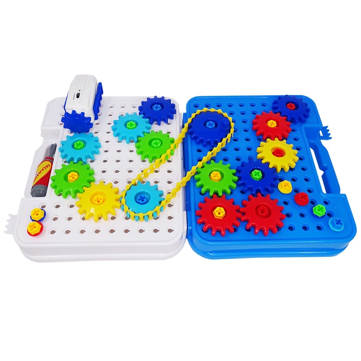 Oktató építőkészlet fogaskerekekkel és automatikus forgórendszerrel, 206 darab, Salamandra Kids