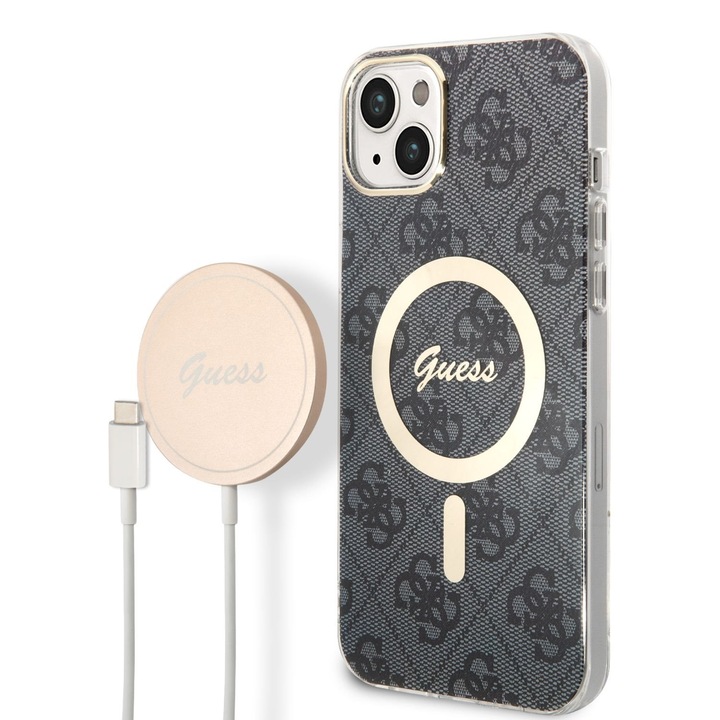 Husa telefon Guess pentru iPhone 14 Plus cu Incarcator wireless si cablu, Silicon, Magsafe, Negru