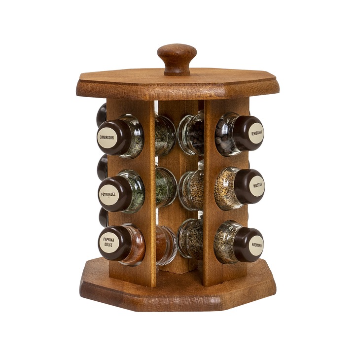 Set suport din lemn plus 12 sticle cu condimente / EXT 10363