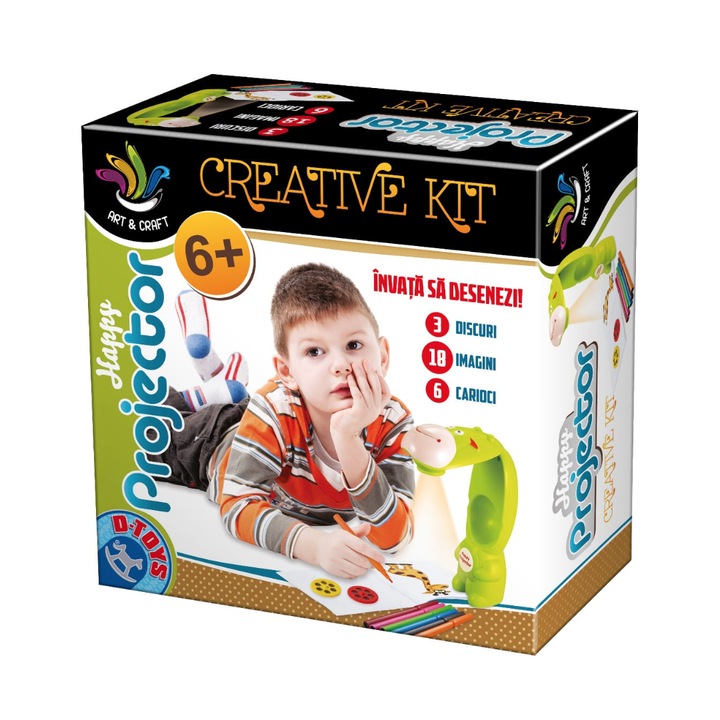 Joc creativ Happy Projector, Set proiector in forma de hipopotam, fise cu imagini si carioci