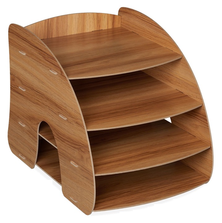 Organizator pentru documente cu 4 compartimente, fabricat din MDF, 27 x 25,5 x 34,5 cm, Maro inchis