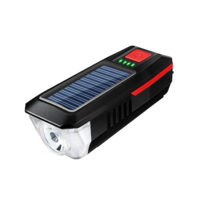 Lumina pentru bicicleta cu claxon Reincarcabila, LED T6, 120 dB, 350 lm, IPX4, Negru si rosu