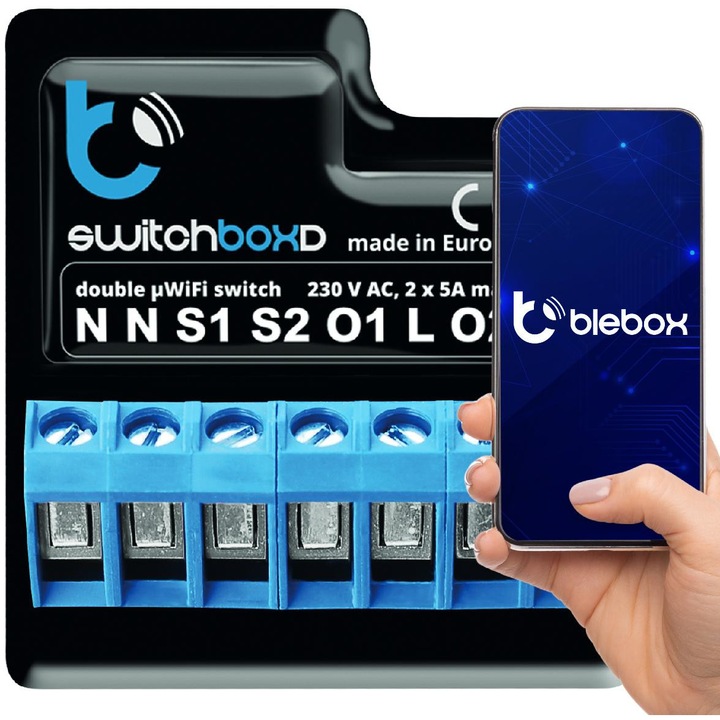 Comutator universal, BleBox, Wi-Fi, 230V, Albastru/Negru