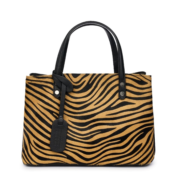 Кафява кожена чанта Filomela със зебра и пони