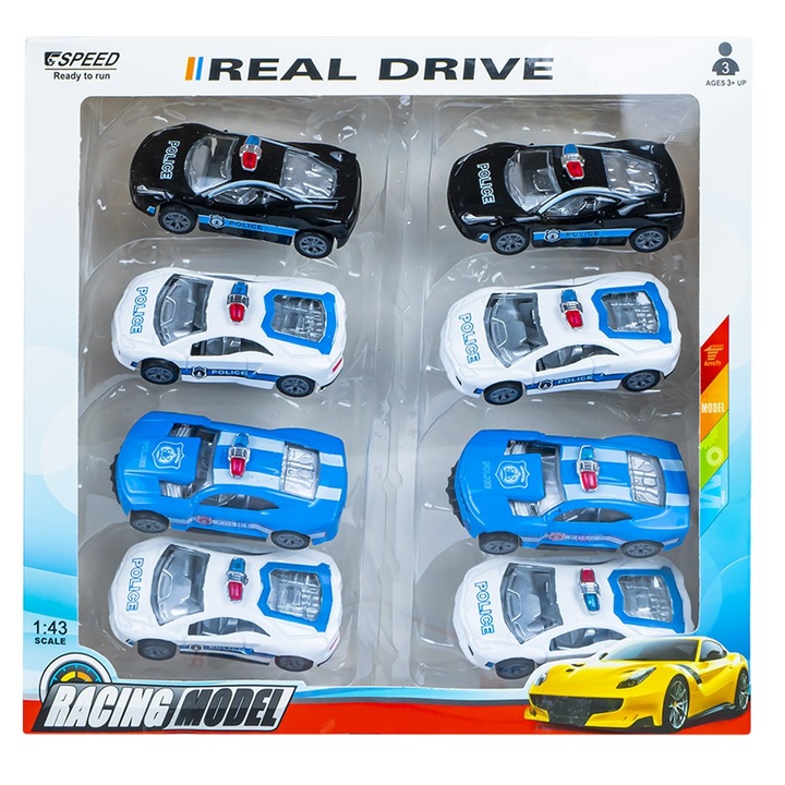 Súrlódó fém rendőrautók, 8 db-os készlet, Többszínű