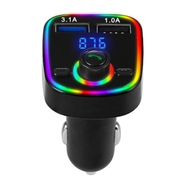 Modulator FM Bluetooth 5.0, Incarcare rapida, MP3 Player, Car-Kit Handsfree, USB, Slot Card microSD, USB 3.1A, Lumini Ambientale, Negru
