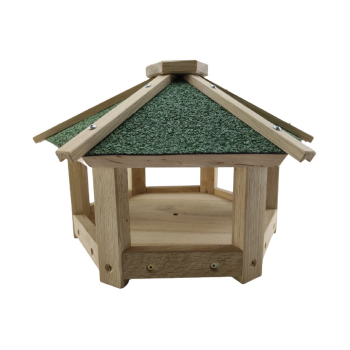 Casuta Apuseni, hranitor pasari hexagonal cu stand, lemn masiv, acoperis ardezie, 380x345x1150(mm), Natural Timber