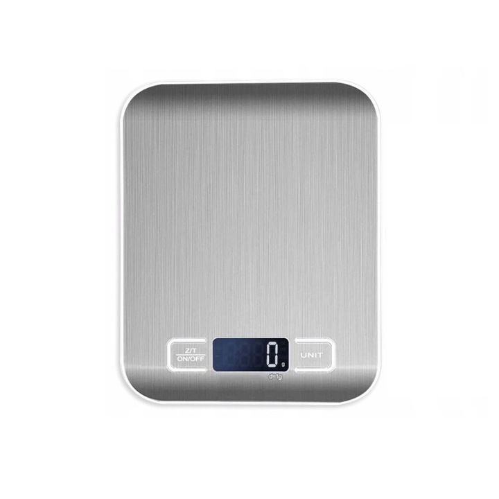 Cantar electronic de bucatarie, plat, ecran LCD, functie TARA, 5kg / 1g, argintiu