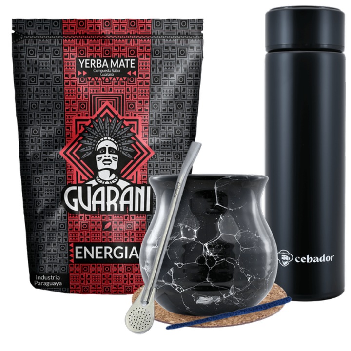 Teáskészlet, bögrével és kiegészítőkkel, Yerba Mate Guarana 500g, LED termosz 480 ml, Bombilla