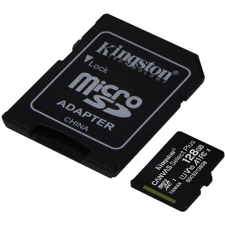 Карта памет и адаптер Kingston, Canvas Select Plus, microSDXC, 128GB, 100Mbps, черен