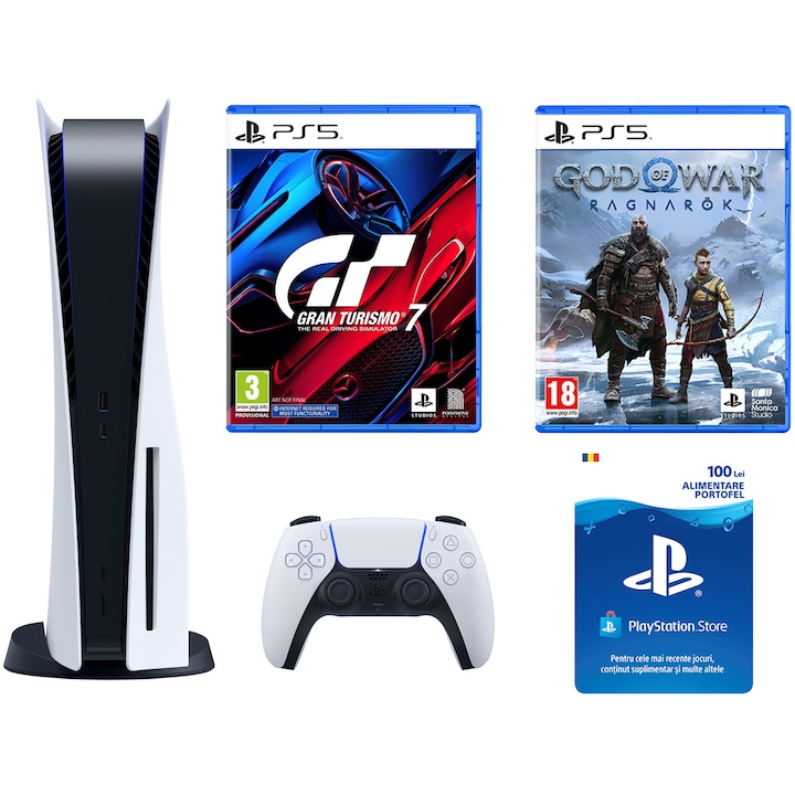 Consola PlayStation 5 + Joc PS5 God of War Ragnarok + Joc PS5 Gran Turismo 7 + PSCard 100 RON