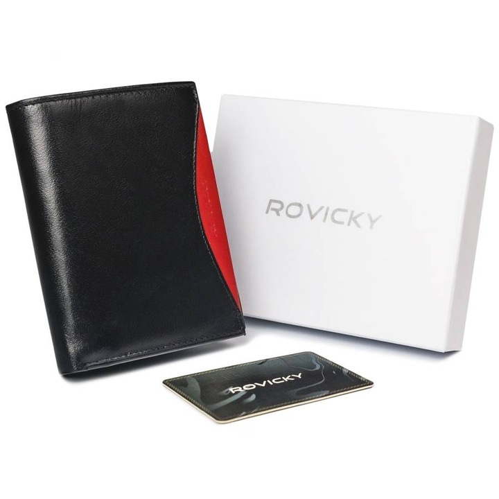Мъжки портфейл, Rovicky, Естествена кожа, Черен/Червен, Червен/Черен