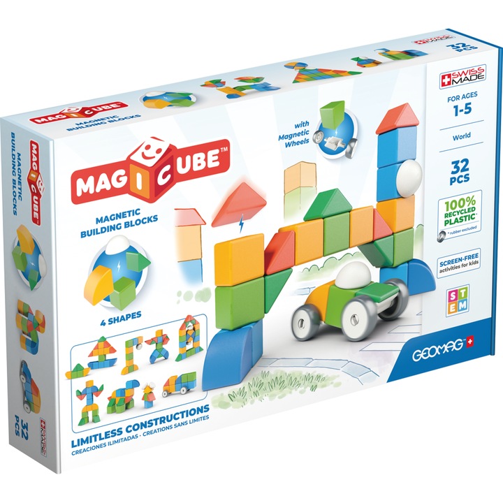 Set 32 cuburi magnetice, Geomag, 1 an+, Multicolor