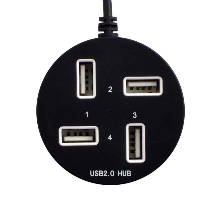 Хъб Diva USB 4 порта, USB 2.0, Кръгъл дизайн, Черен