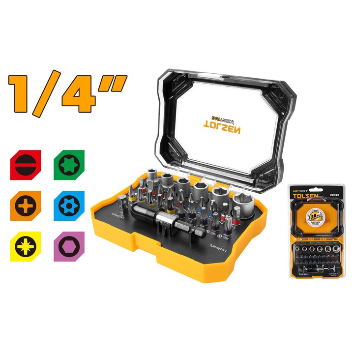 Комплект от 28 накрайника с права муфа и posidrive / PZ / Phillips / шестостен / torx / torxH 1/4 инча CrV Tolsen 20376