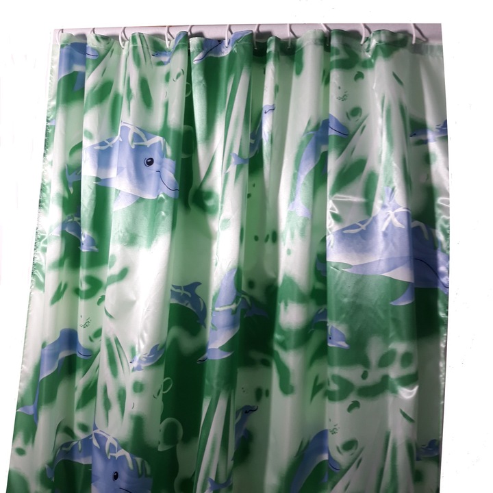 Завеса за душ, полиестер, 170x180, зелена с делфини, с 12 халки за закрепване