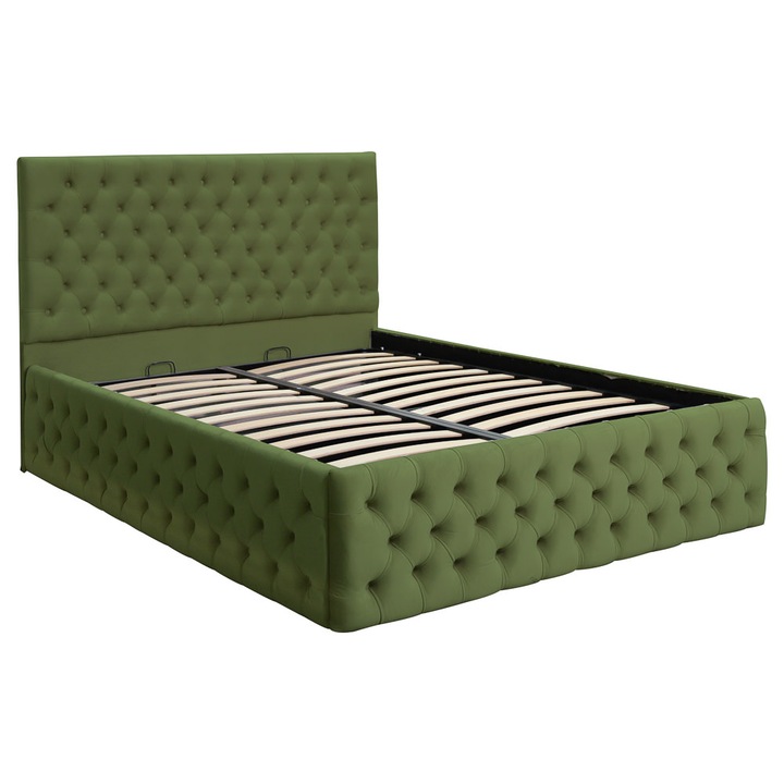 Pat dublu tapitat model Texas Deluxe, 200/200cm, culoare kaki, cu somiera metalica rabatabila si spatiu de depozitare