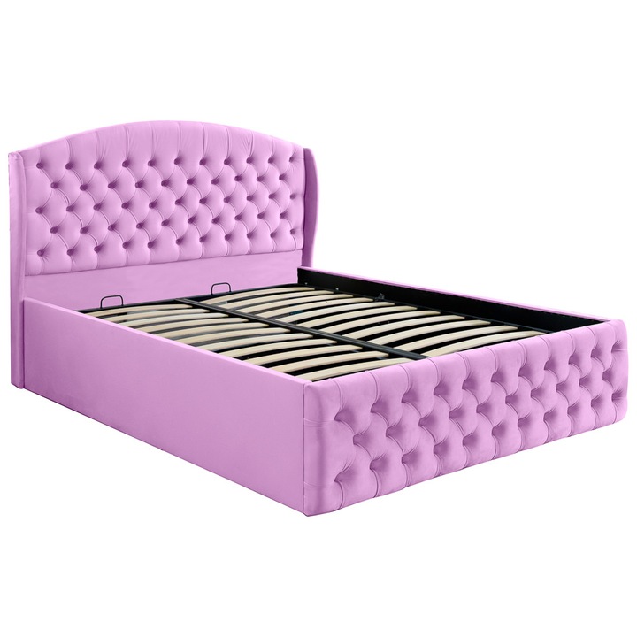 Pat dublu tapitat model Vancouver 200/200 cm culoare lila cu somiera metalica rabatabila si spatiu de depozitare