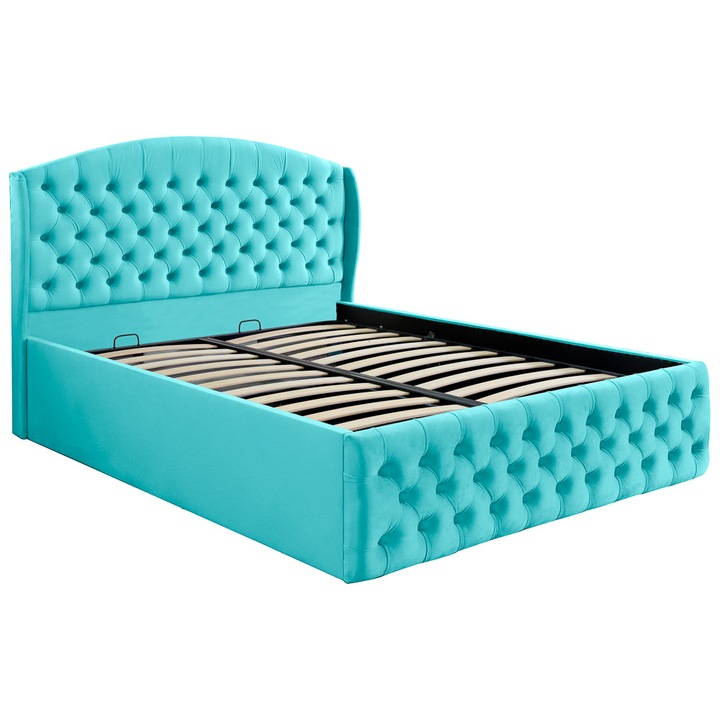 Pat dublu tapitat model Vancouver 140/200 cm culoare turcoaz cu somiera metalica rabatabila si spatiu de depozitare