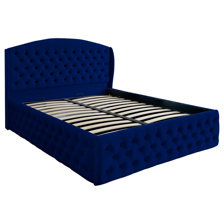 Pat dublu tapitat model Vancouver Deluxe 200/200 cm culoare bleumarin cu somiera metalica rabatabila si spatiu de depozitare