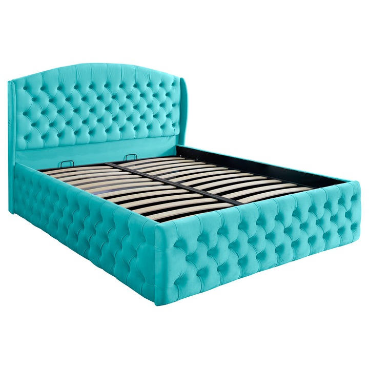 Pat dublu tapitat model Vancouver Deluxe 180/200 cm culoare turcoaz cu somiera metalica rabatabila si spatiu de depozitare
